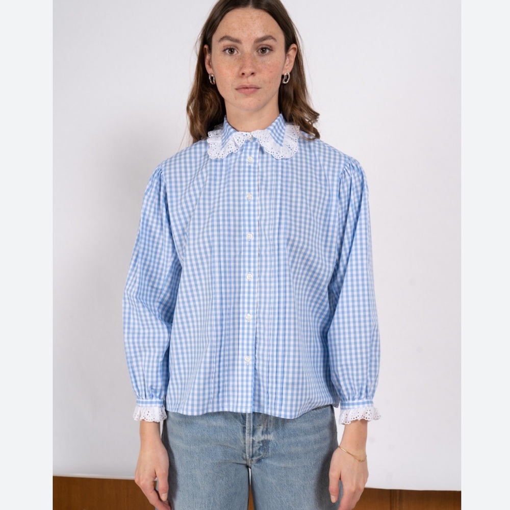 LA FETICHE JANE GINGHAM BLOUSE W/FRENCH BRODERIE LIGHT BLUE size M